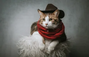 Cat wearing a cowboy hat and red bandana