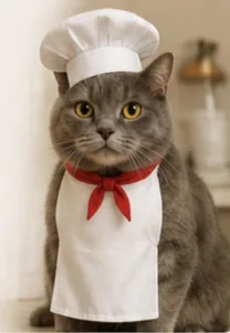 Cat wearing a chef hat and white apron