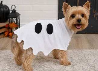 Boo Crew Small dog wearing a homemade ghost costume