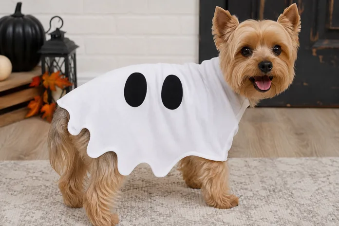 Small dog wearing a homemade ghost costume Small dog wearing a homemade ghost costume