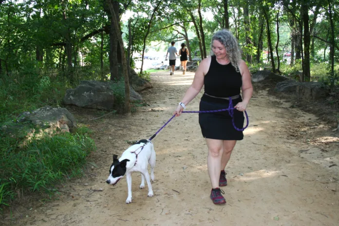 Anastasia Kilpatrick of Tulsa takes her dog, Debbie, 6, for a hike at Tulsa’s Turkey Mountain Urban Wilderness Area. Anastasia Kilpatrick of Tulsa takes her dog, Debbie, 6, for a hike at Tulsa’s Turkey Mountain Urban Wilderness Area.