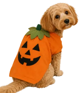 Dog wearing a jack-o-lantern pumpkin costume